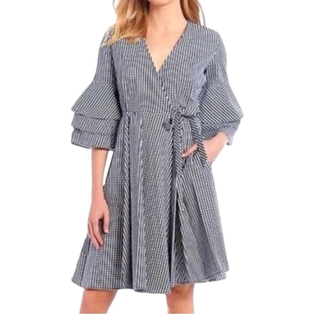 Calvin Klein Wrap Dress Ruffle Sleeves Cotton Blue White Gingham Women’s Size 6